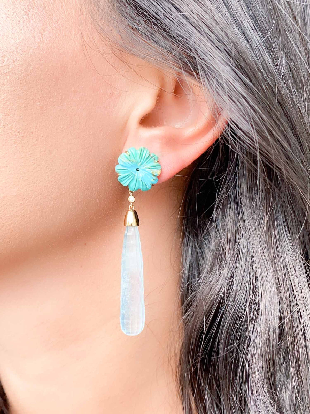 53.24ctw Carved Aquamarine and Turquoise Long Earrings 14K Gold R3130 Aurora Designer