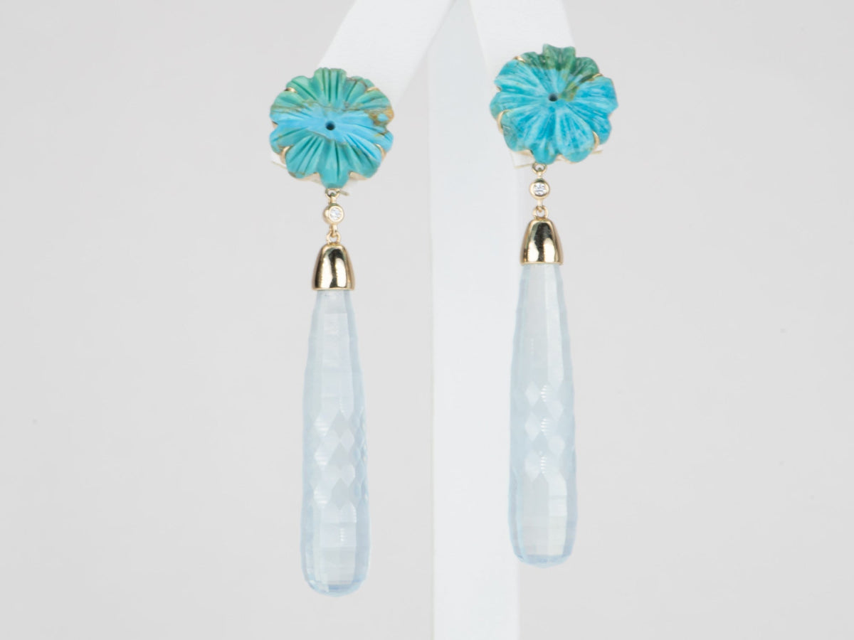 53.24ctw Carved Aquamarine and Turquoise Long Earrings 14K Gold R3130 Aurora Designer