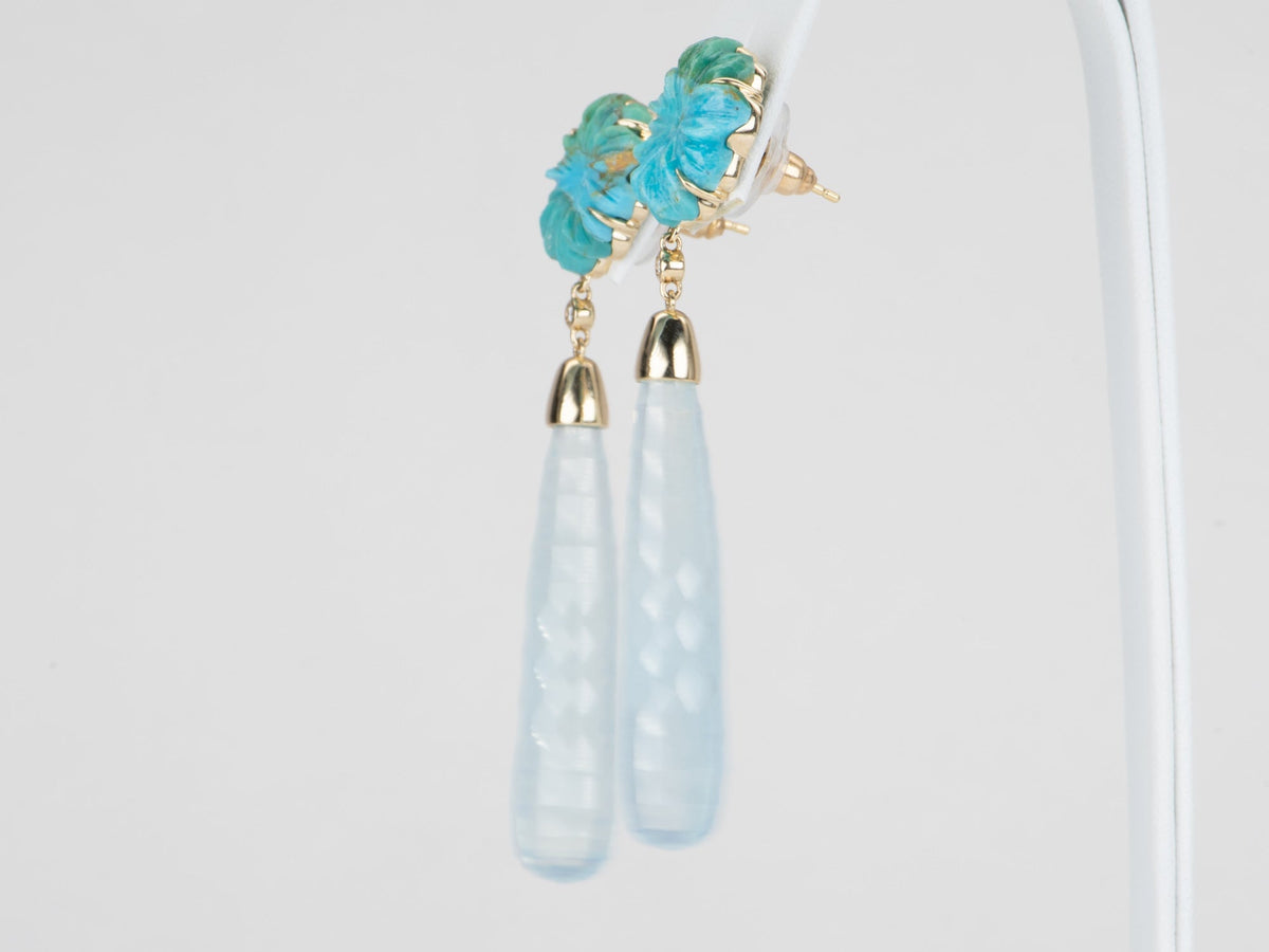 53.24ctw Carved Aquamarine and Turquoise Long Earrings 14K Gold R3130 Aurora Designer