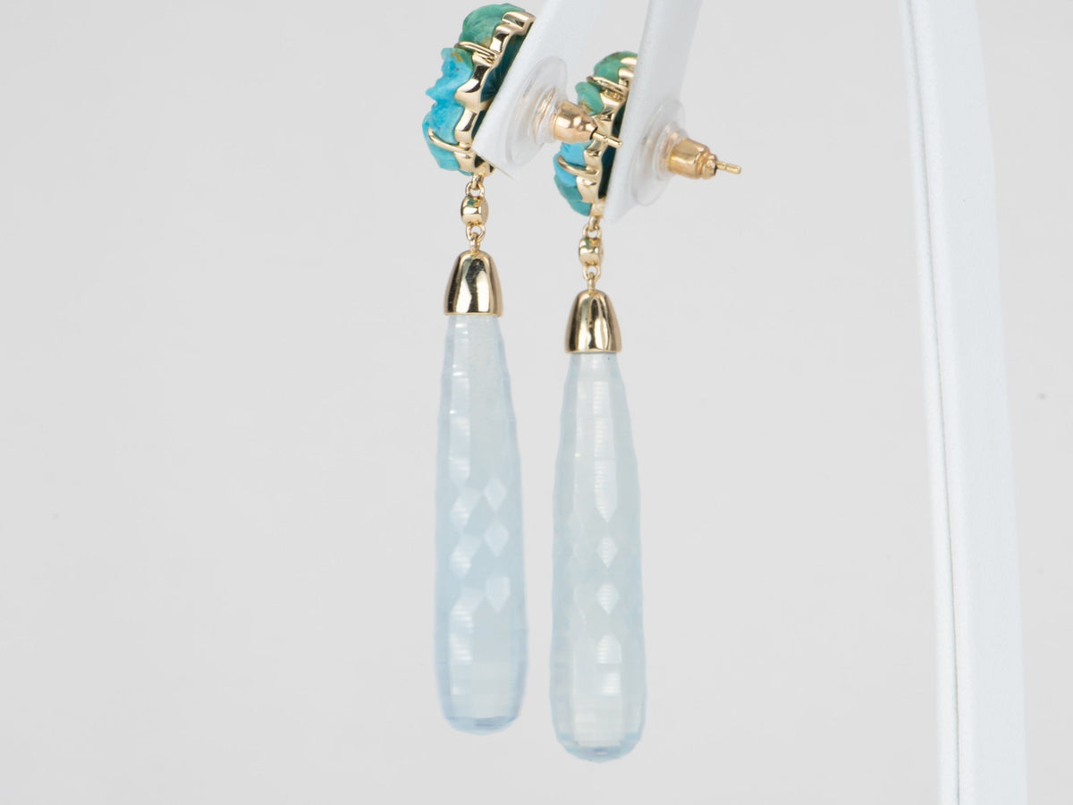 53.24ctw Carved Aquamarine and Turquoise Long Earrings 14K Gold R3130 Aurora Designer