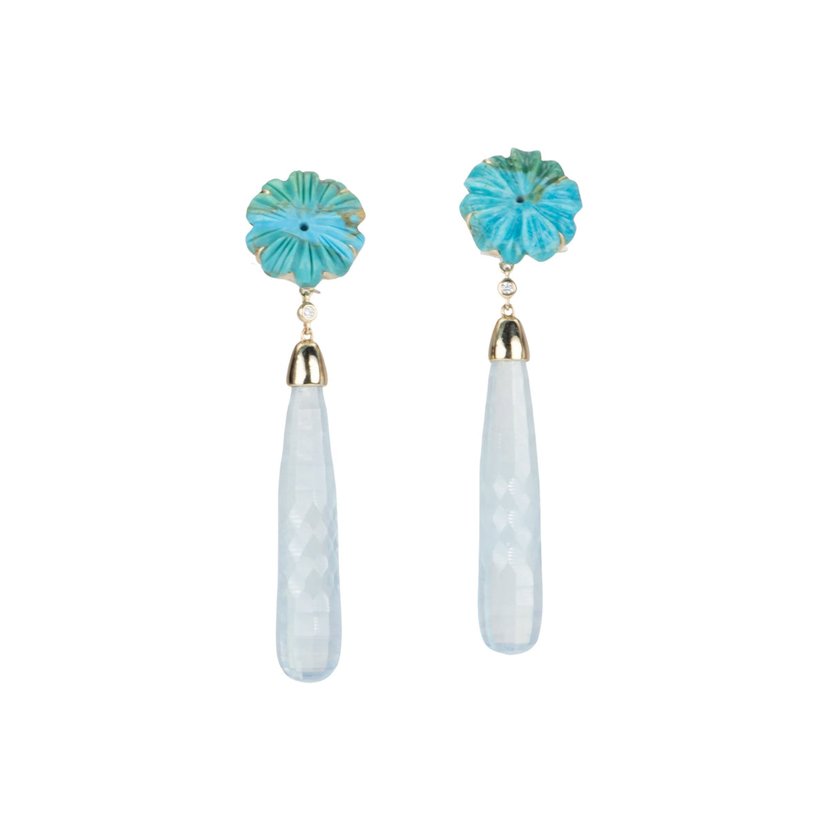 53.24ctw Carved Aquamarine and Turquoise Long Earrings 14K Gold R3130 Aurora Designer
