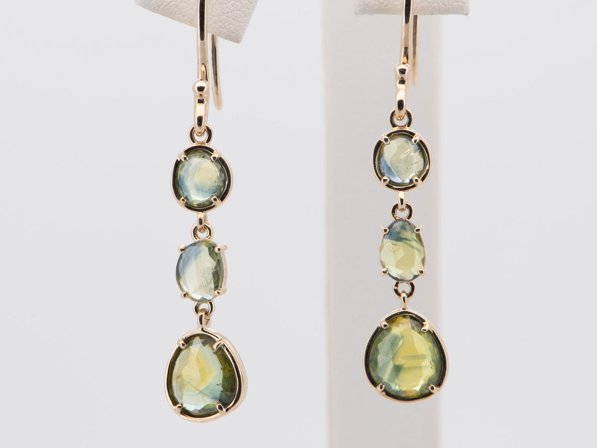 4.74ct Rose Cut Madagascar Parti Sapphire Dangle Earrings 9K Gold R3133 Aurora Designer