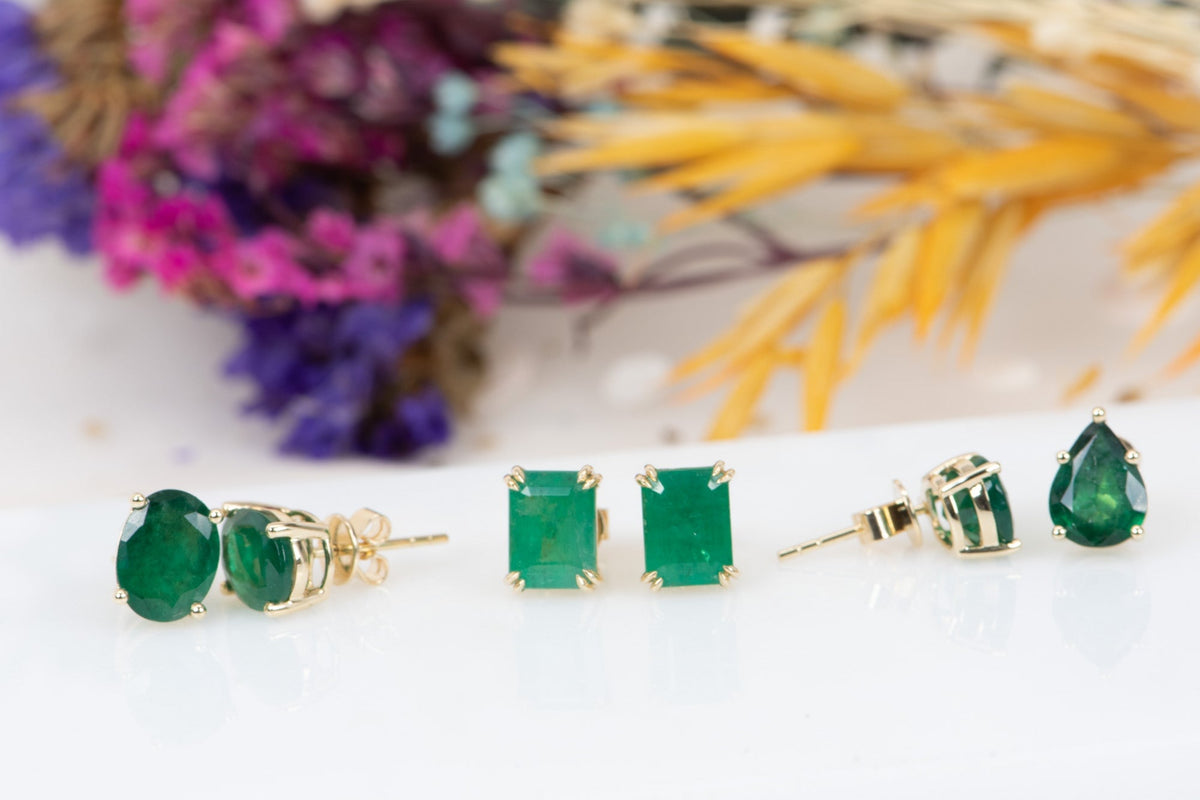 3.33ct Rich Green Emerald Stud Earrings 14K Gold R3142 Aurora Designer