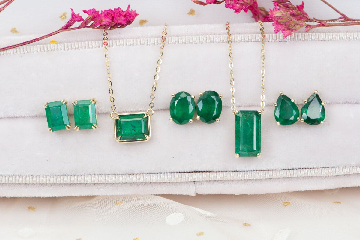 3.33ct Rich Green Emerald Stud Earrings 14K Gold R3142 Aurora Designer