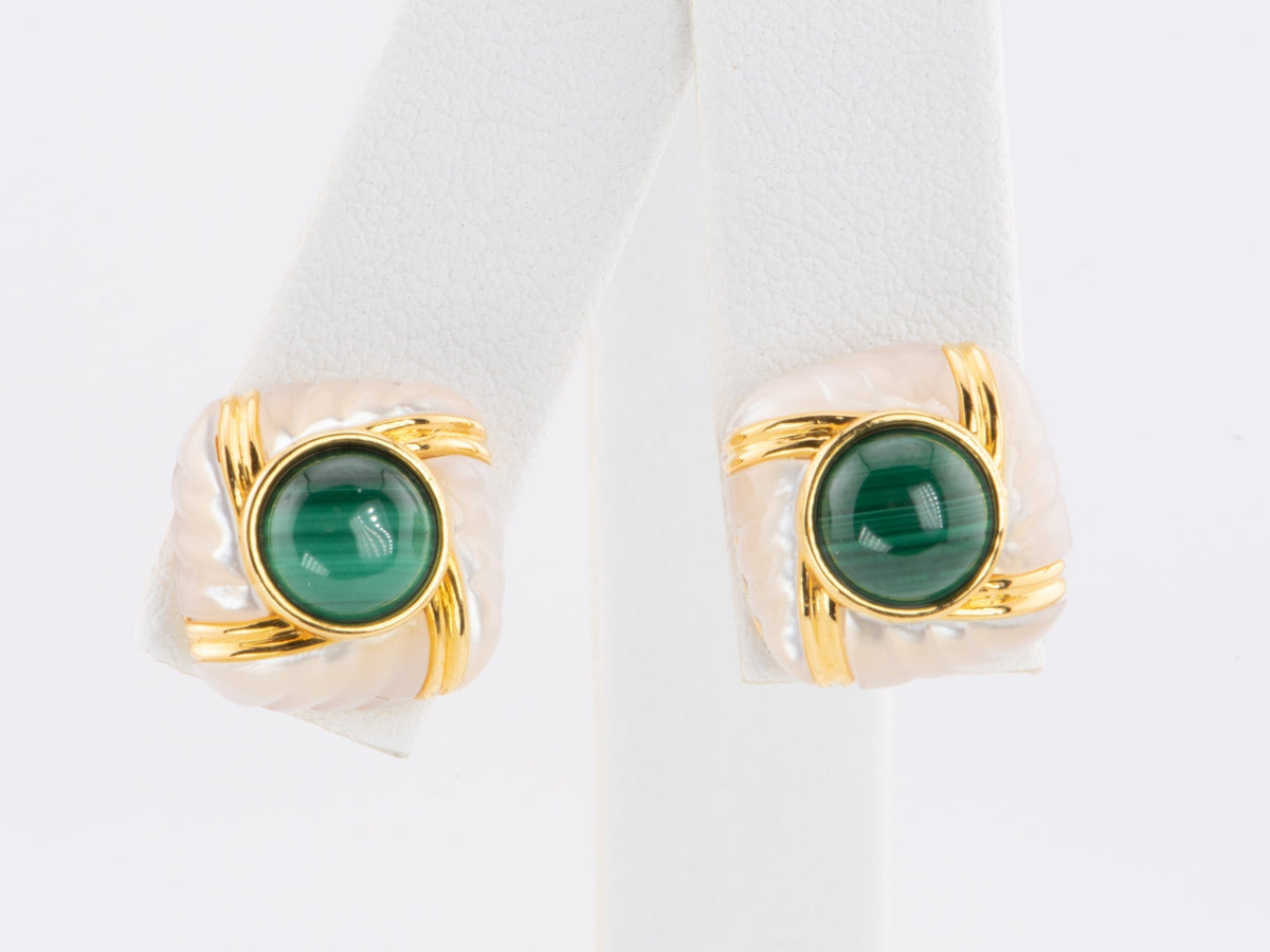 18K Gold Malachite and Mother of Pearl MOP Earrings R3147 Aurora Designer