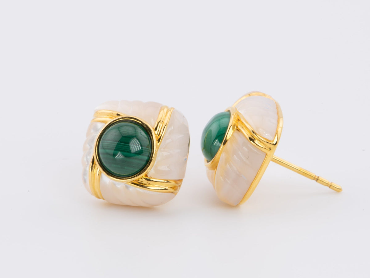 18K Gold Malachite and Mother of Pearl MOP Earrings R3147 Aurora Designer