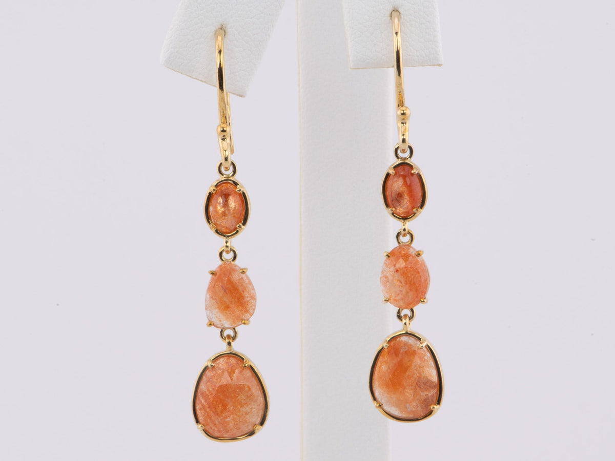 Shimmering Orange Sunstone Long Dangle Earrings 9K Gold R3153 Aurora Designer