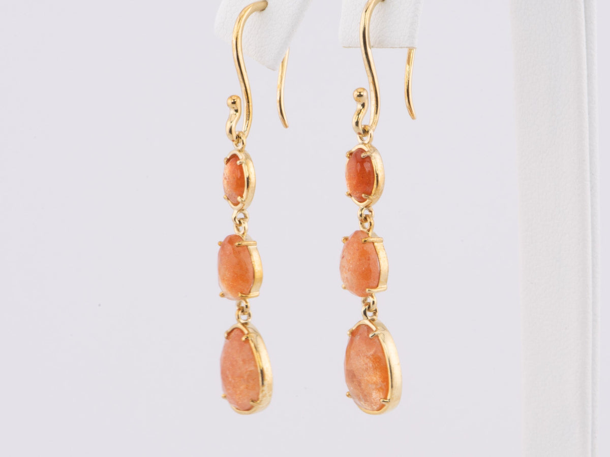Shimmering Orange Sunstone Long Dangle Earrings 9K Gold R3153 Aurora Designer