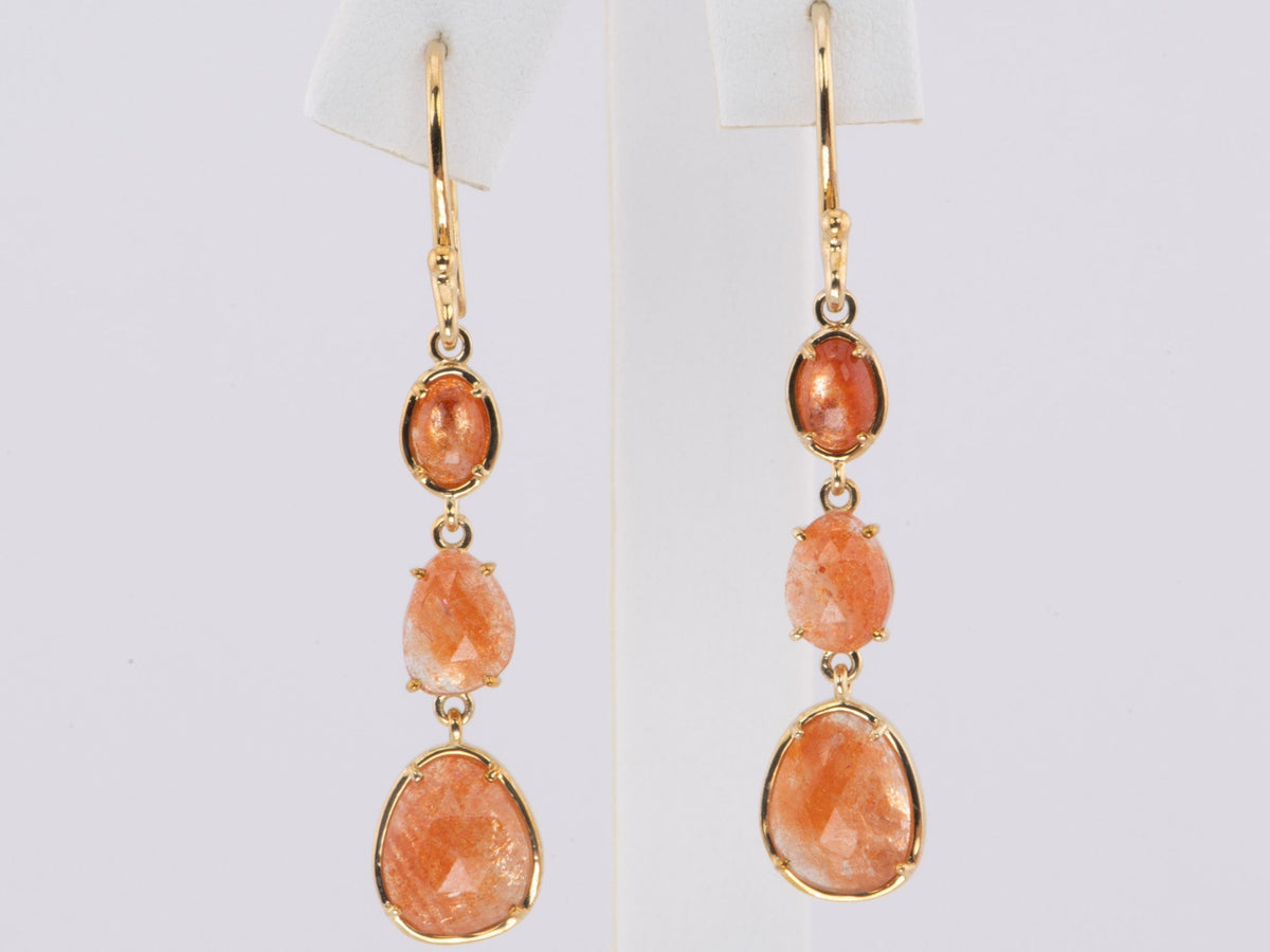 Shimmering Orange Sunstone Long Dangle Earrings 9K Gold R3153 Aurora Designer
