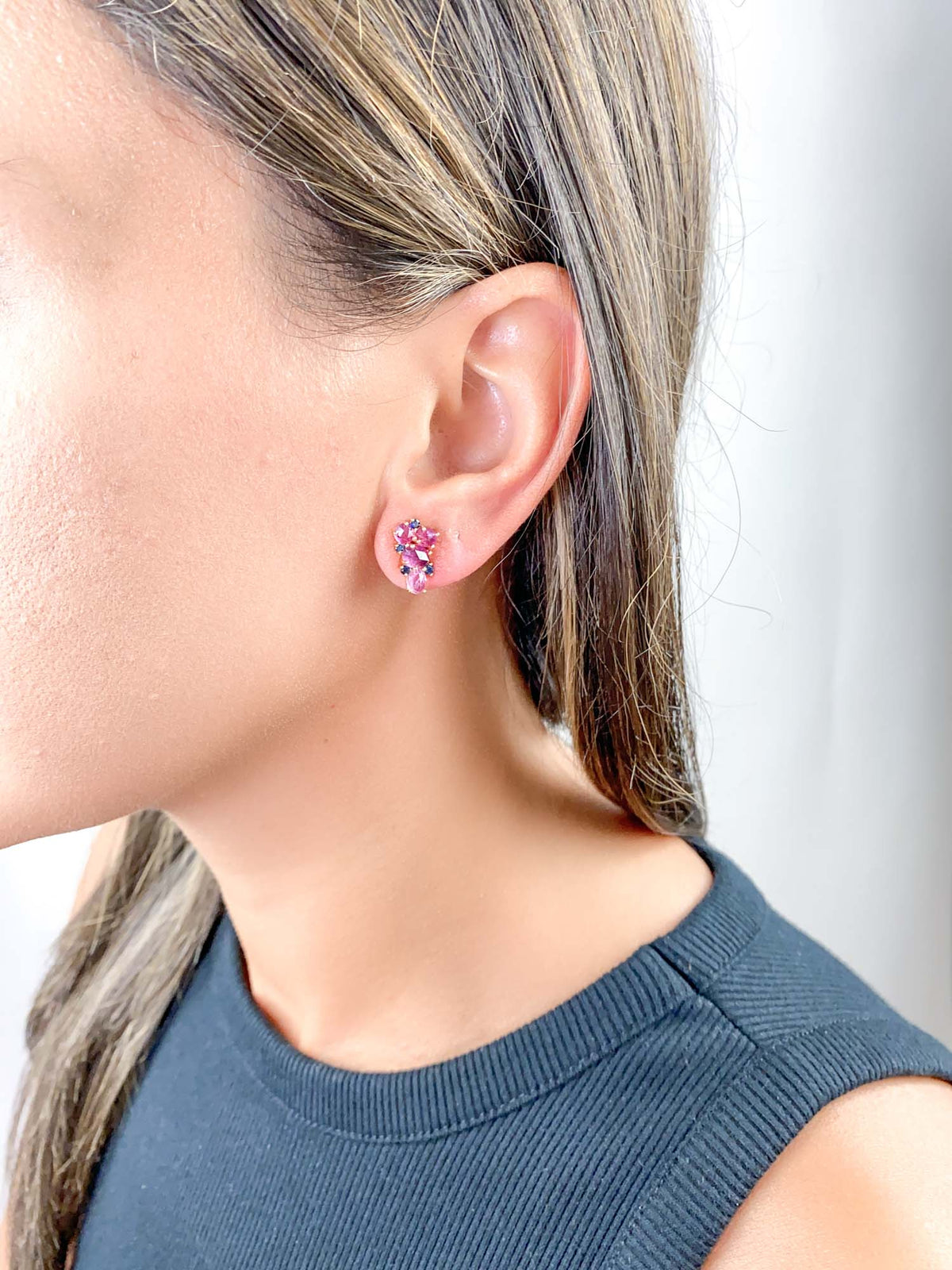 Winza Ruby and Blue Sapphire Cluster Earrings 14K Gold R3154 Aurora Designer