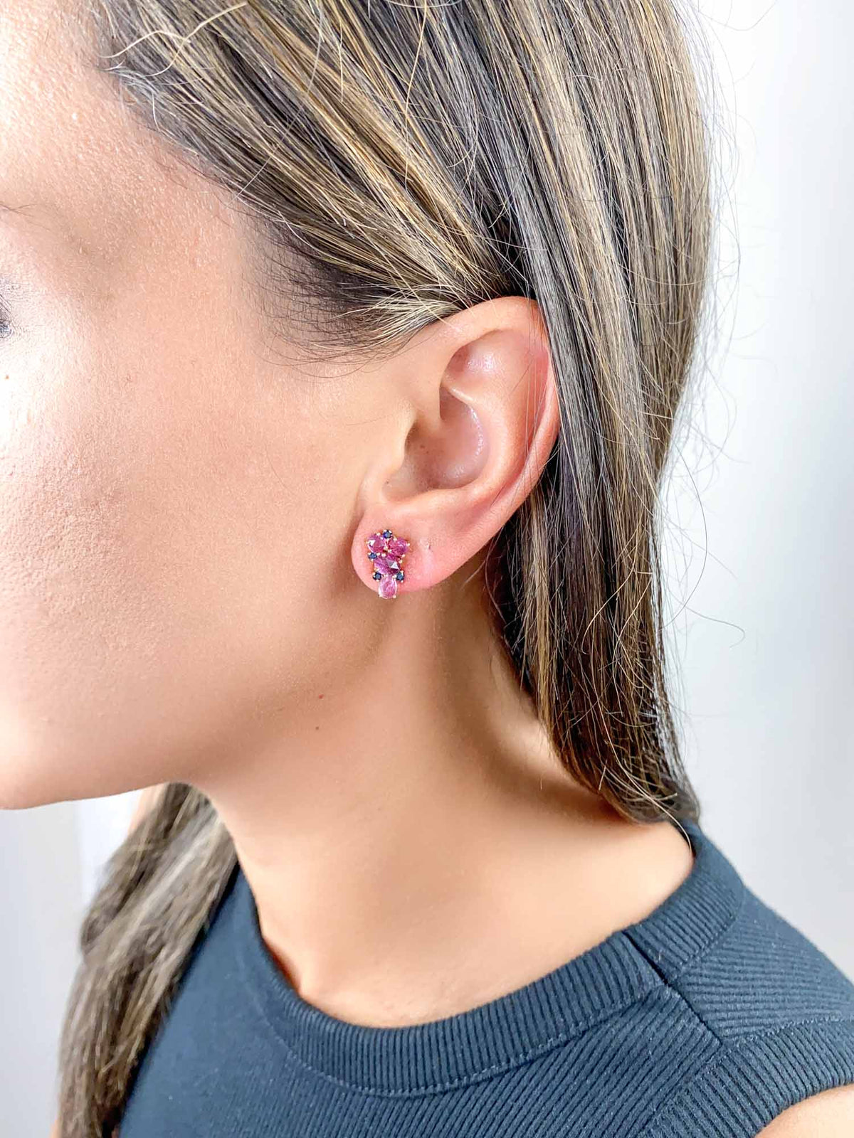 Winza Ruby and Blue Sapphire Cluster Earrings 14K Gold R3154 Aurora Designer