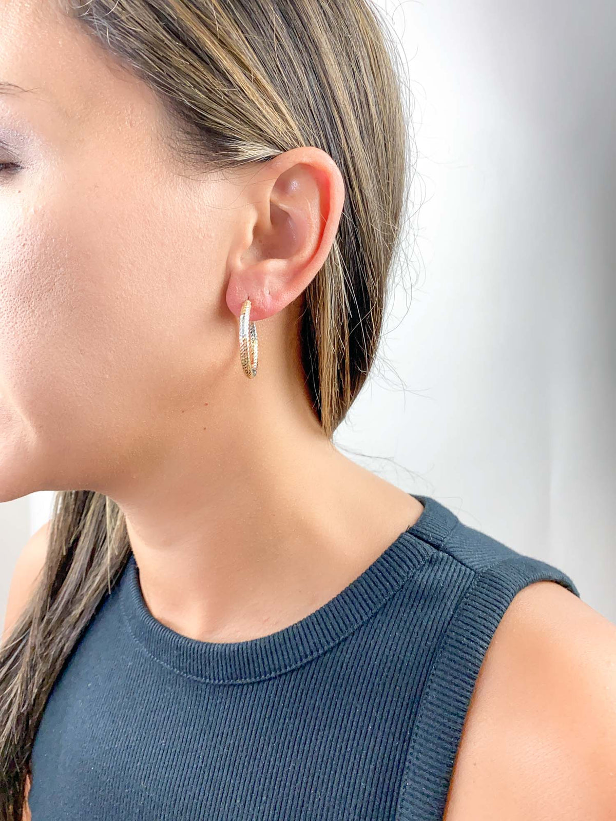 26mm Tri-Color Diamond Cut Hoop Earrings 14K Gold R3160 Aurora Designer