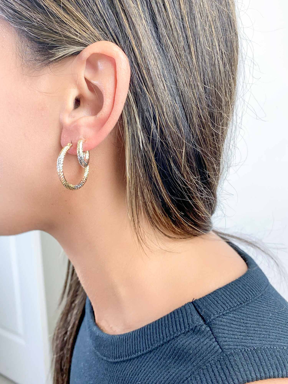 16mm Tri-Color Diamond Cut Hoop Earrings 14K Gold R3164 Aurora Designer