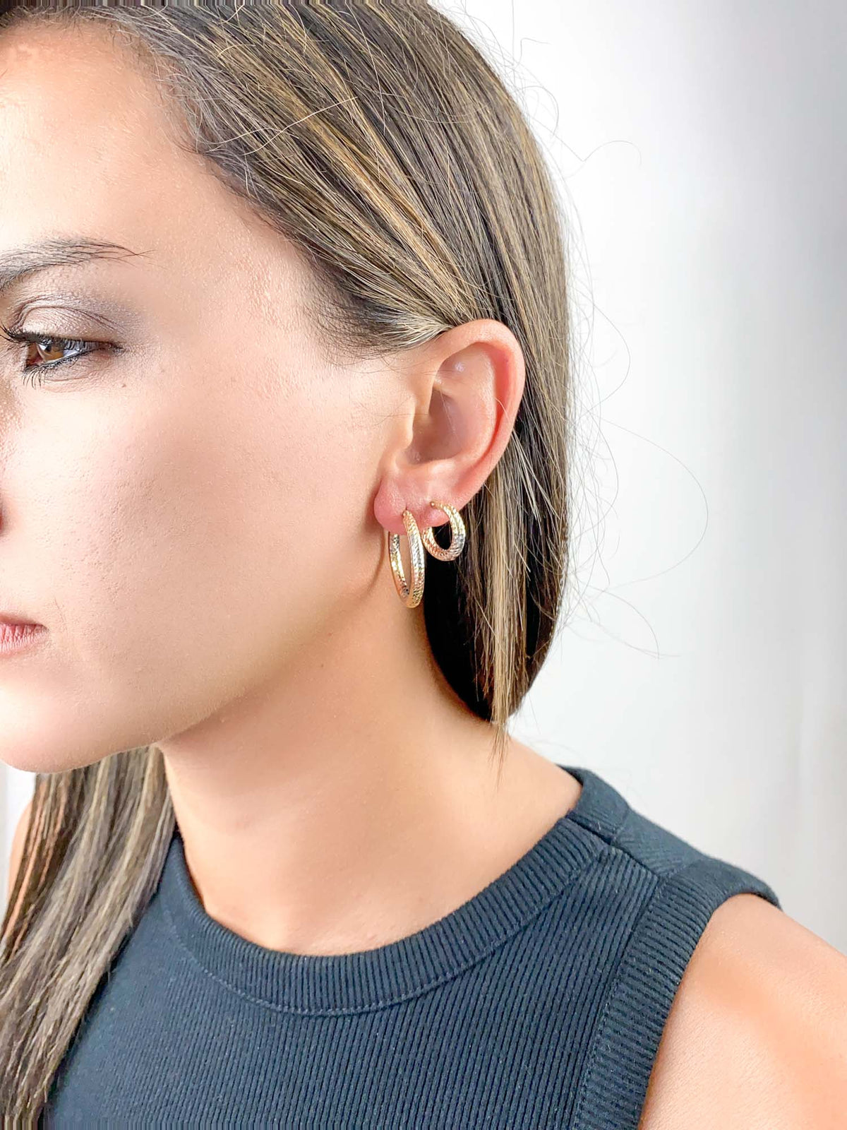 16mm Tri-Color Diamond Cut Hoop Earrings 14K Gold R3164 Aurora Designer