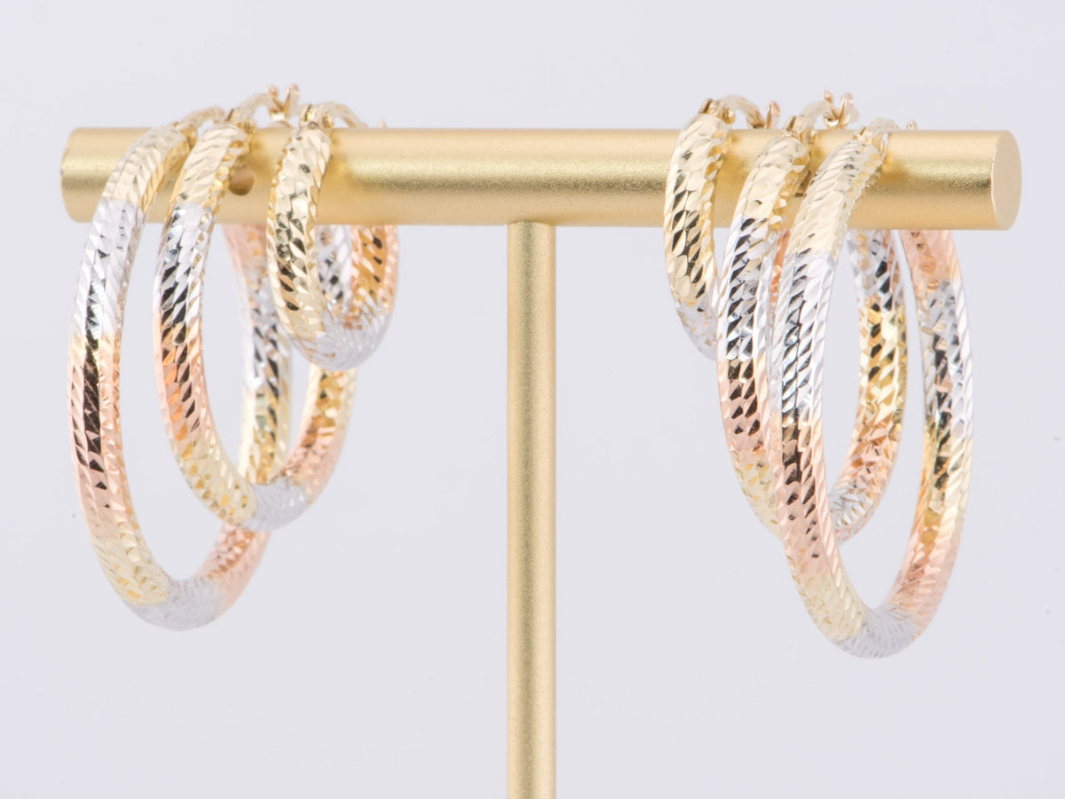 16mm Tri-Color Diamond Cut Hoop Earrings 14K Gold R3164 Aurora Designer
