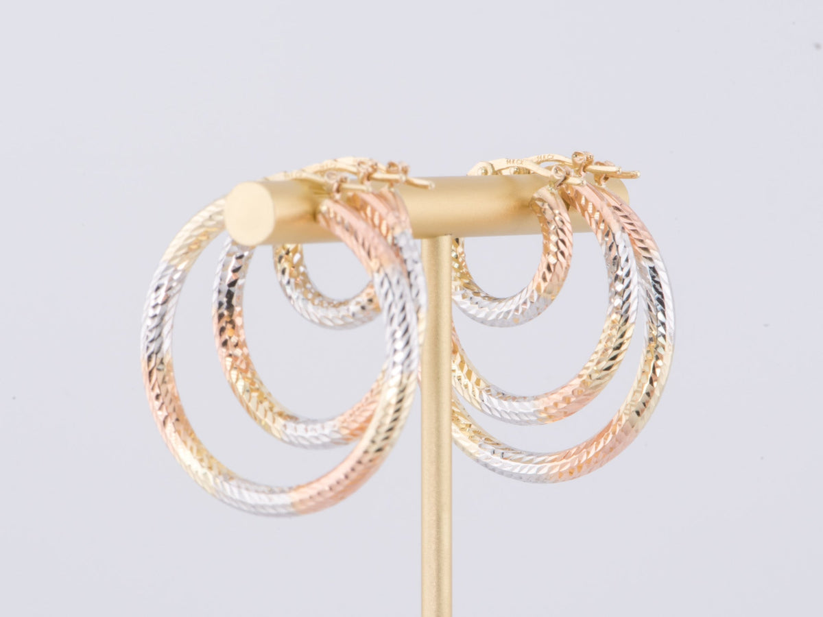 16mm Tri-Color Diamond Cut Hoop Earrings 14K Gold R3164 Aurora Designer