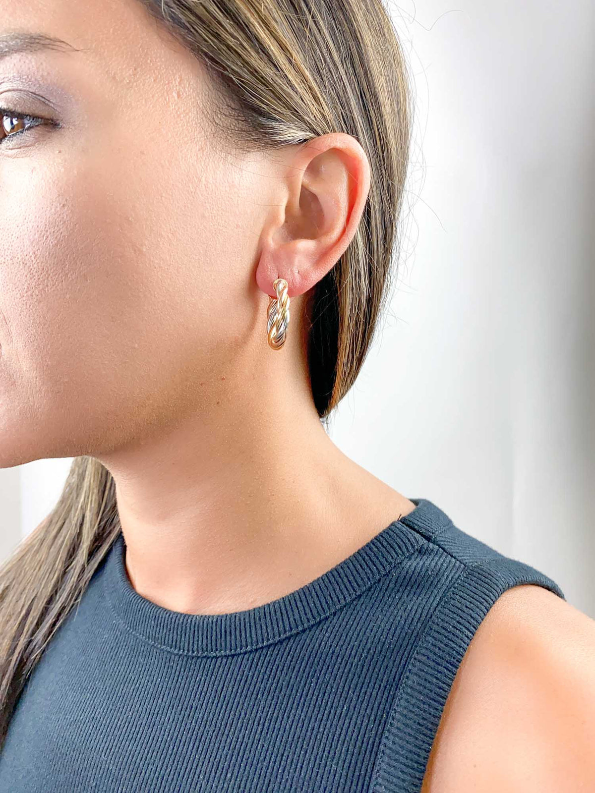 24mm Tri-Color Twist Hoop Earrings 14K Gold R3166 Aurora Designer