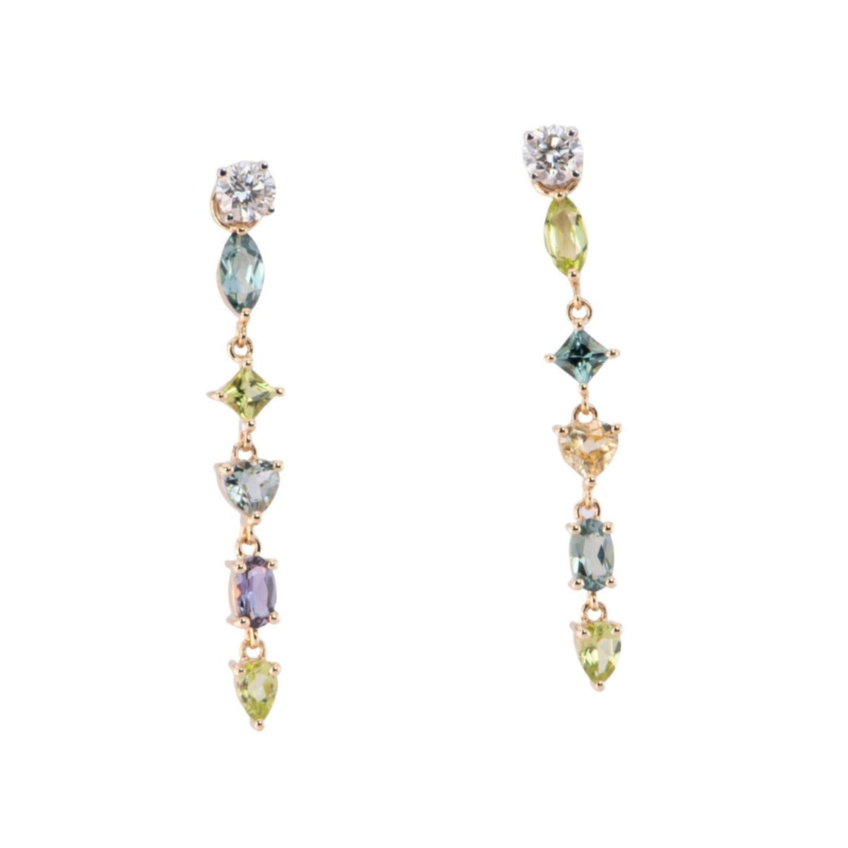 Mixed Bright Color Tourmaline Long Ear Dangles 14K Gold R3185 Aurora Designer