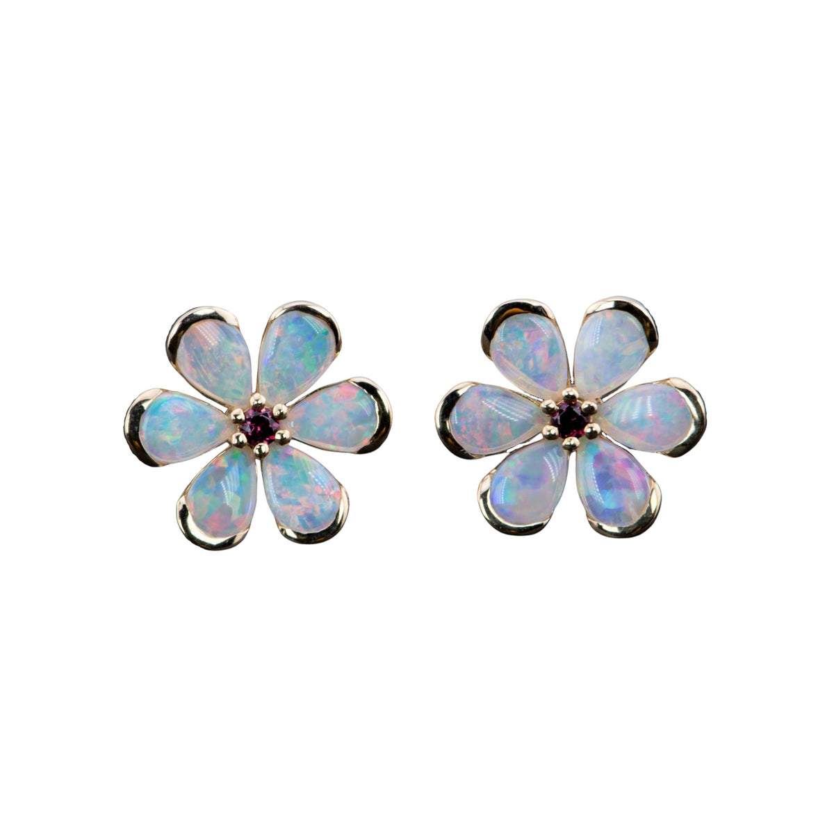 Solid Australian Opal Floral Style Earrings with Garnet Center 14K Gold R3188 Aurora Designer