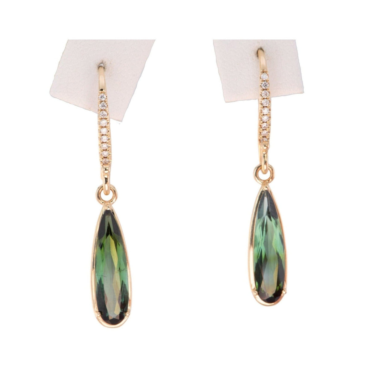 Elongated Lagoon Tourmaline Drop Earrings with Diamond Ear Wire 14K Gold R3189 Aurora Designer