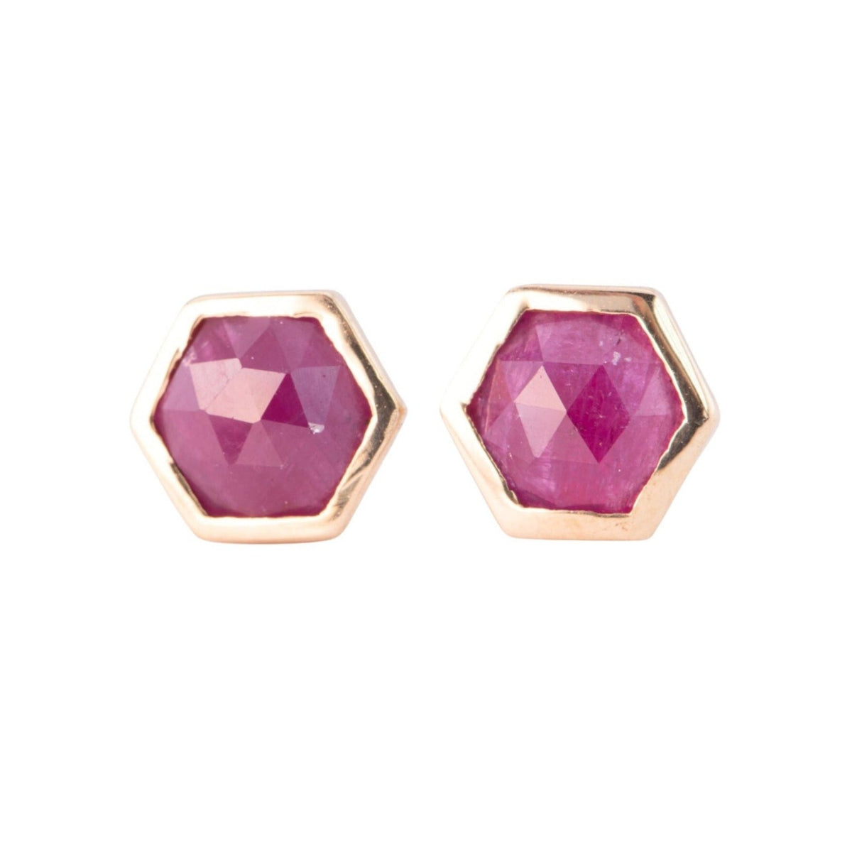 Hexagon Shape Ruby Bezel Set Ear Studs 14K Gold R3192 Aurora Designer