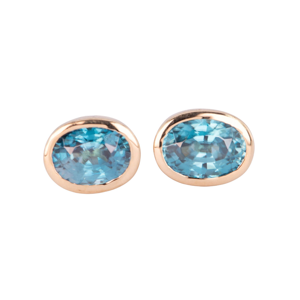 Natural Blue Zircon Bezel Set Ear Studs 14K Gold R3199 Aurora Designer