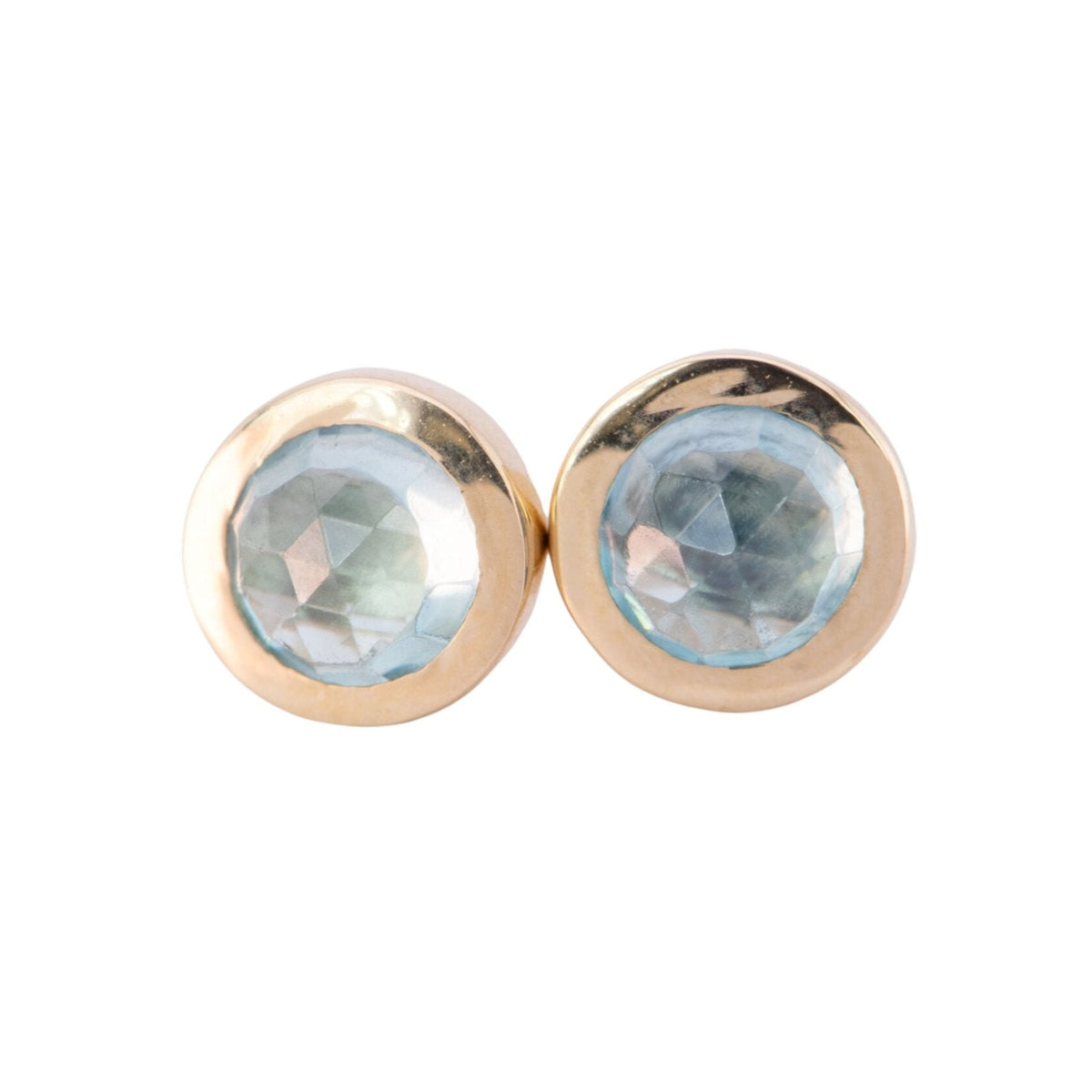 Natural Rose Cut Blue Zircon Bezel Set Ear Studs 14K Gold R3200 Aurora Designer