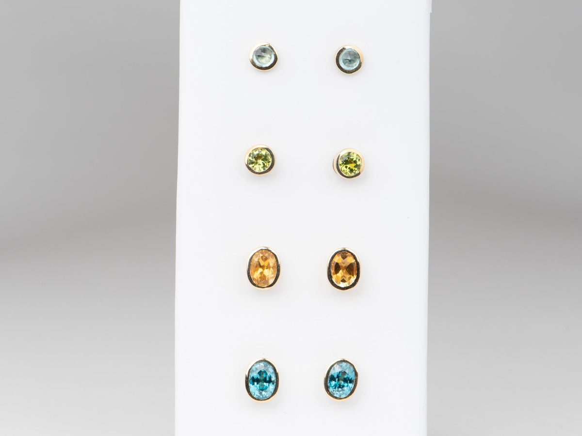 Natural Rose Cut Blue Zircon Bezel Set Ear Studs 14K Gold R3200 Aurora Designer