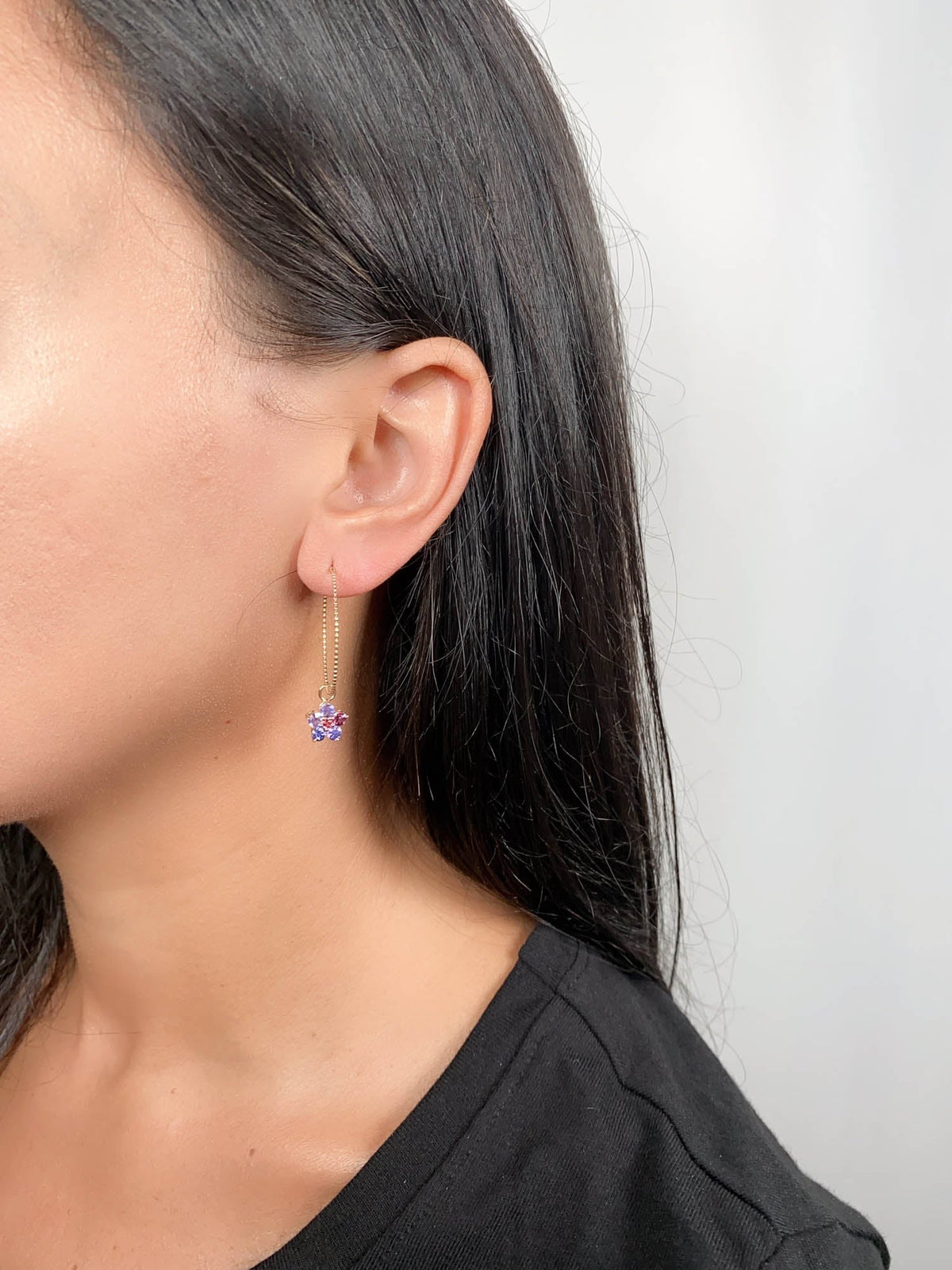 Purple Sapphire and Pink Spinel Flower Ear Dangles 14K Gold R3186 Aurora Designer