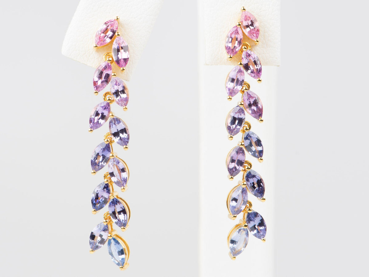 Pink to Lavender to Purple Ombre Sapphire Long Earrings 14K Gold R3221 Aurora Designer