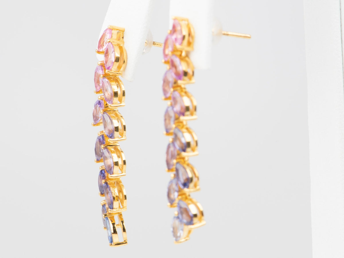 Pink to Lavender to Purple Ombre Sapphire Long Earrings 14K Gold R3221 Aurora Designer