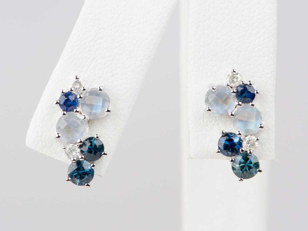 14K White Gold Rose Cut Moonstone Sapphire and Diamond Cluster Earrings R3222 Aurora Designer