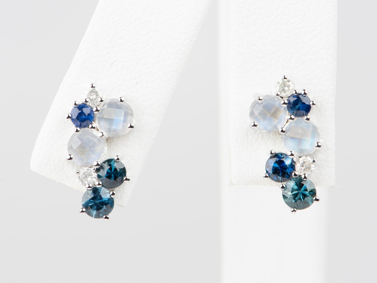 14K White Gold Rose Cut Moonstone Sapphire and Diamond Cluster Earrings R3222 Aurora Designer