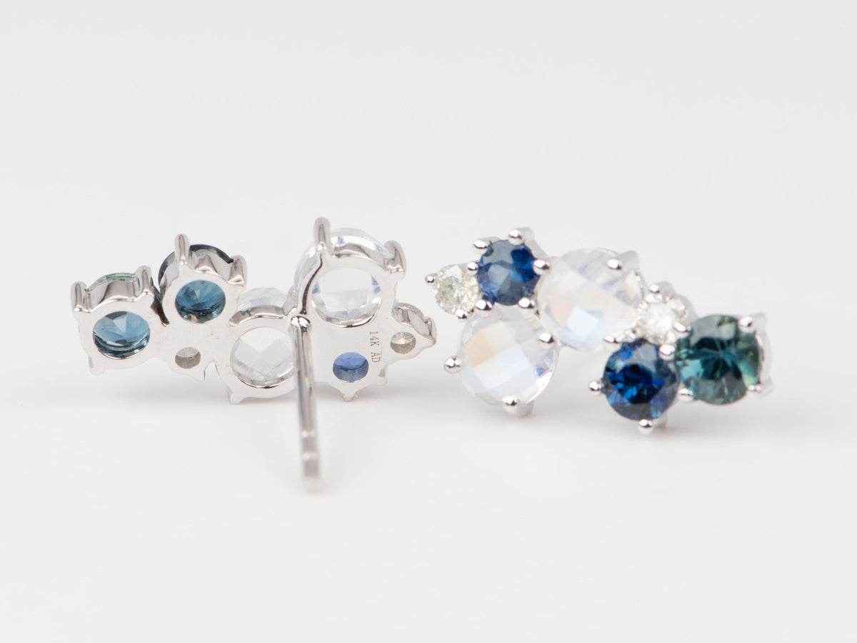 14K White Gold Rose Cut Moonstone Sapphire and Diamond Cluster Earrings R3222 Aurora Designer
