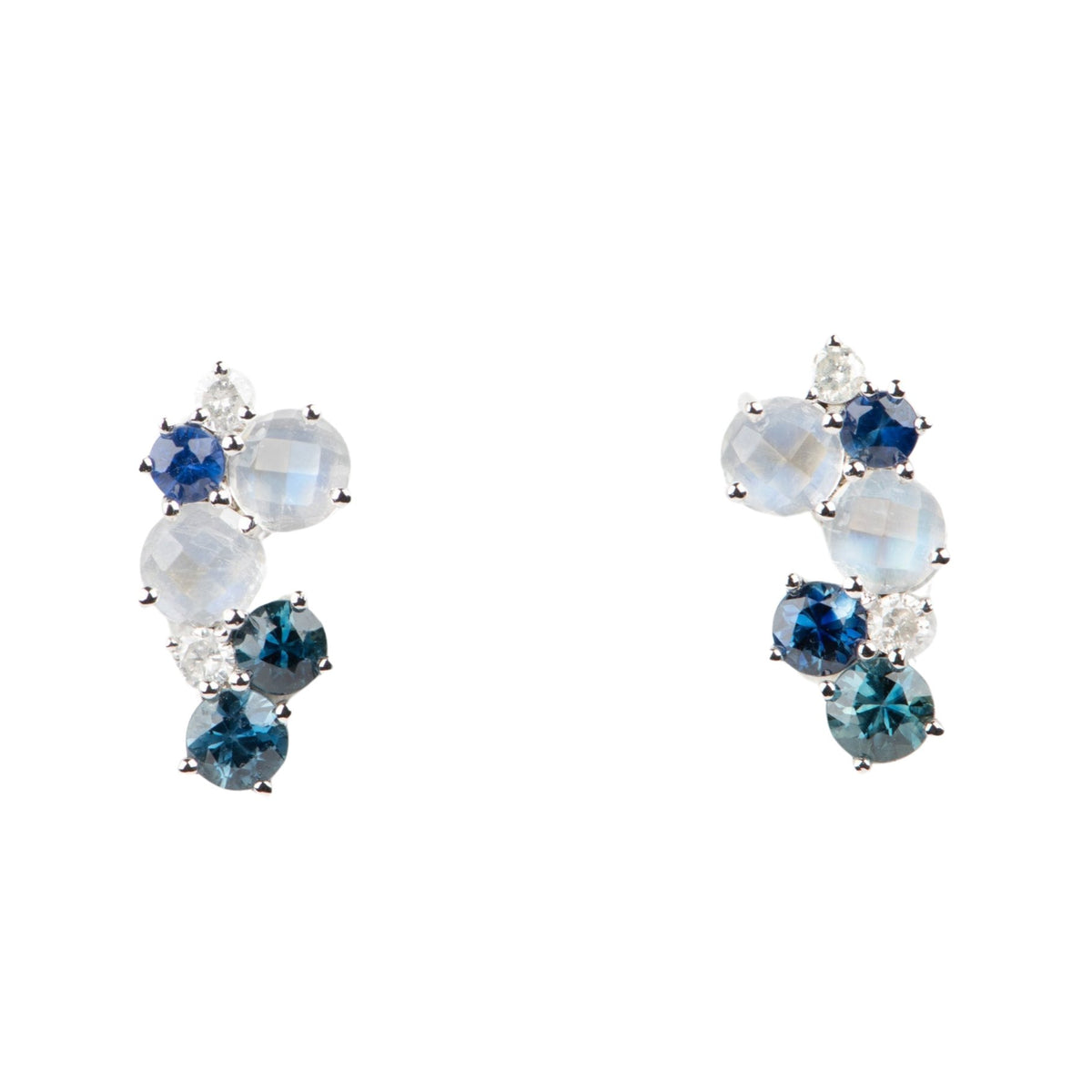 14K White Gold Rose Cut Moonstone Sapphire and Diamond Cluster Earrings R3222 Aurora Designer
