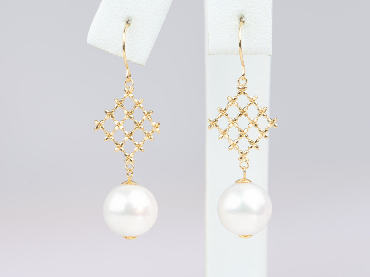 18K Gold Filigree Earrings with Open Fretwork and Dangling Freshwater Pearl R3224 Aurora Designer