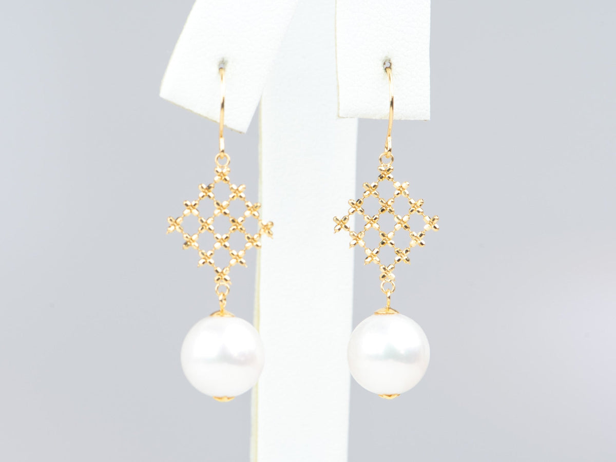 18K Gold Filigree Earrings with Open Fretwork and Dangling Freshwater Pearl R3224 Aurora Designer