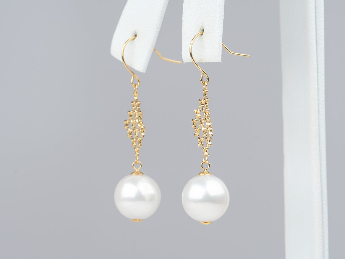 18K Gold Filigree Earrings with Open Fretwork and Dangling Freshwater Pearl R3224 Aurora Designer