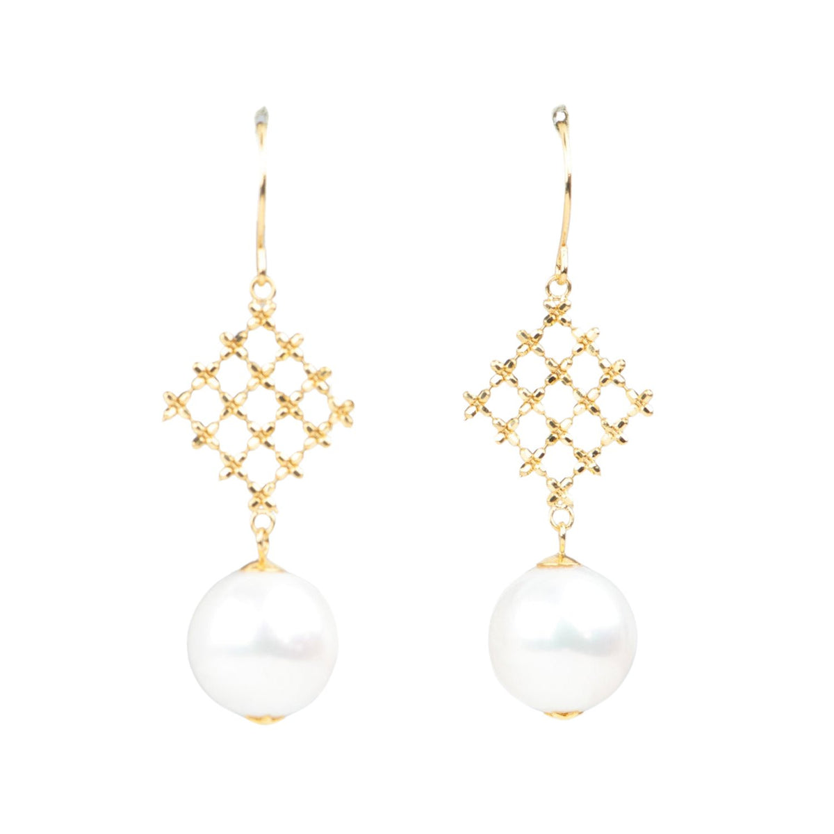 18K Gold Filigree Earrings with Open Fretwork and Dangling Freshwater Pearl R3224 Aurora Designer