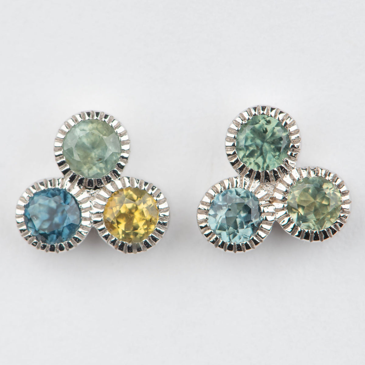 Trio of Montana Sapphire Milgrain Bezel Set Ear Studs 14K White Gold R3227 Aurora Designer