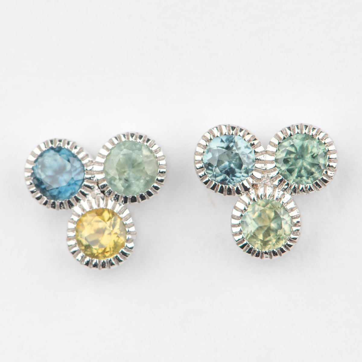 Trio of Montana Sapphire Milgrain Bezel Set Ear Studs 14K White Gold R3227 Aurora Designer