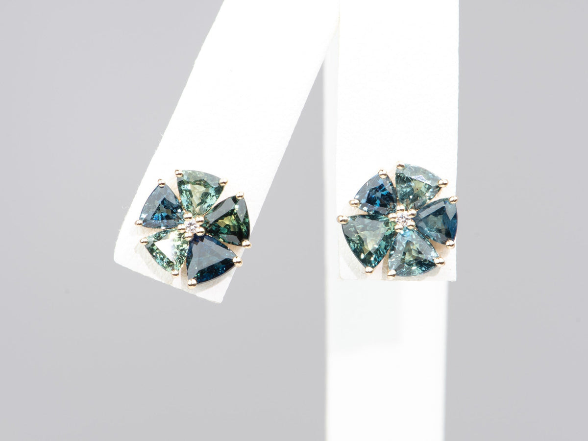 4.85ctw Brilliant Teal Sapphire Fan Shape Earrings with Diamond Center 14K Gold R3229 Aurora Designer