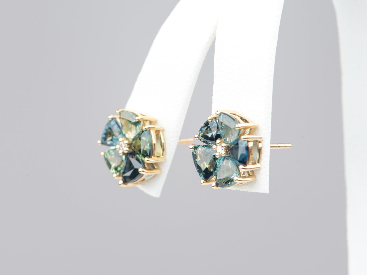 4.85ctw Brilliant Teal Sapphire Fan Shape Earrings with Diamond Center 14K Gold R3229 Aurora Designer