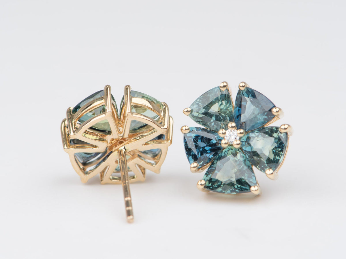 4.85ctw Brilliant Teal Sapphire Fan Shape Earrings with Diamond Center 14K Gold R3229 Aurora Designer