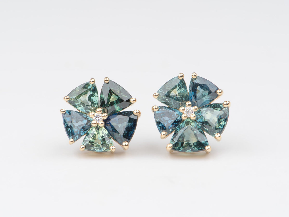 4.85ctw Brilliant Teal Sapphire Fan Shape Earrings with Diamond Center 14K Gold R3229 Aurora Designer