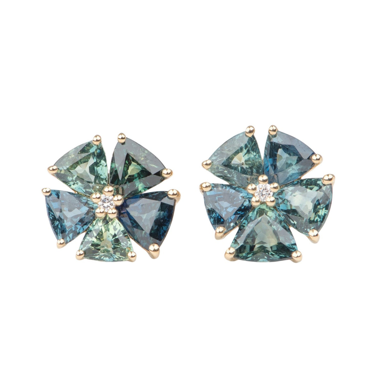 4.85ctw Brilliant Teal Sapphire Fan Shape Earrings with Diamond Center 14K Gold R3229 Aurora Designer