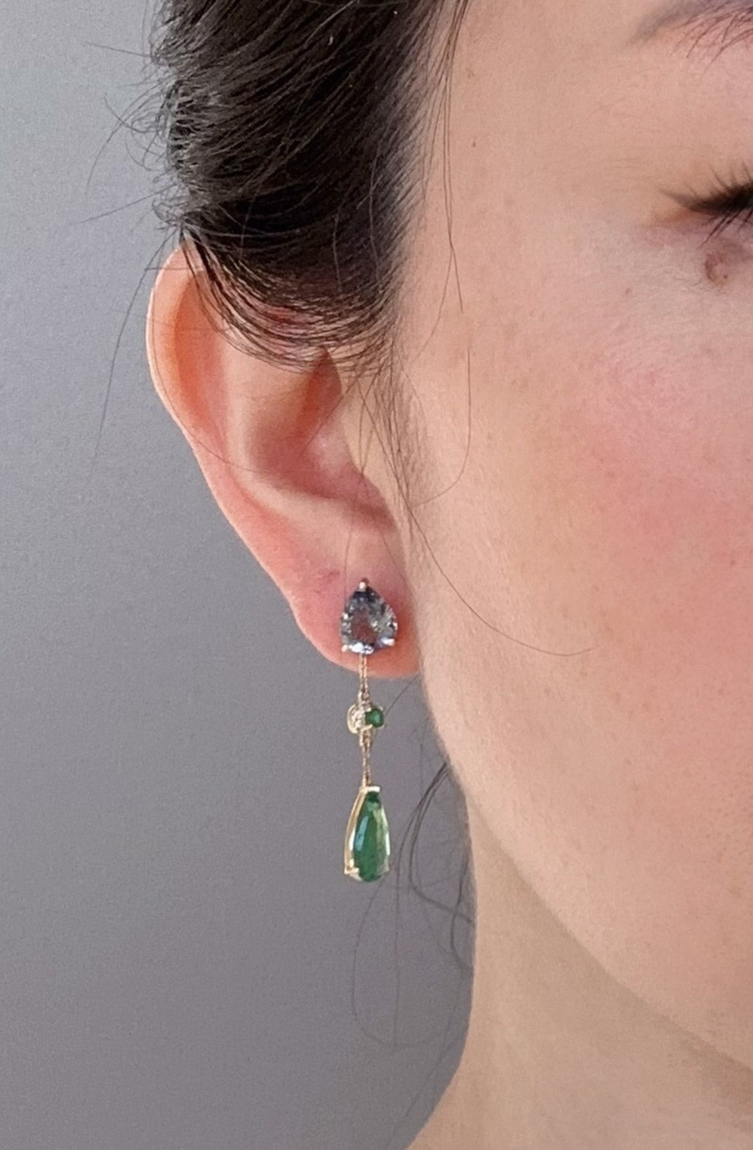 7.59ctw Emerald and Natural Tanzanite Drop Earrings 14K Gold R3237 Aurora Designer