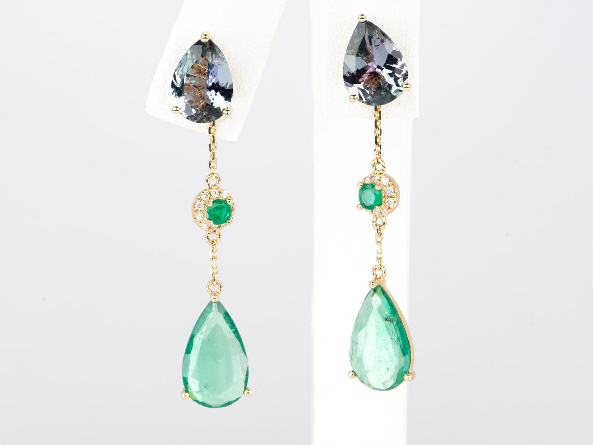 7.59ctw Emerald and Natural Tanzanite Drop Earrings 14K Gold R3237 Aurora Designer