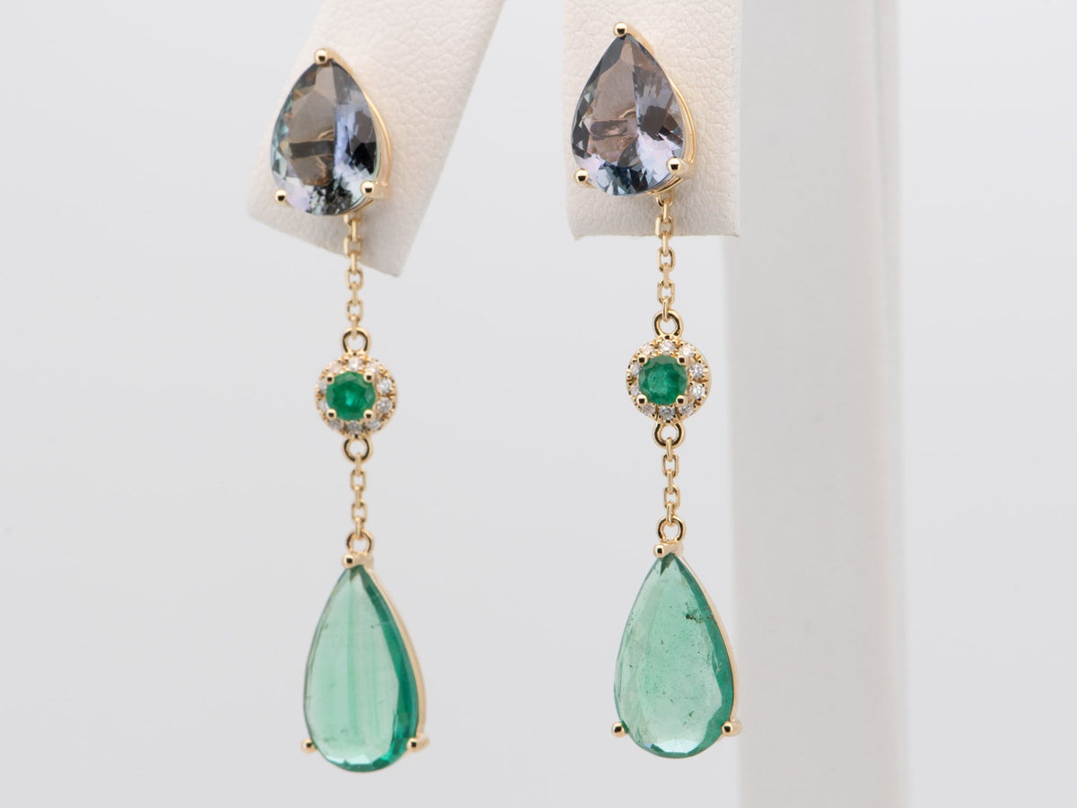7.59ctw Emerald and Natural Tanzanite Drop Earrings 14K Gold R3237 Aurora Designer