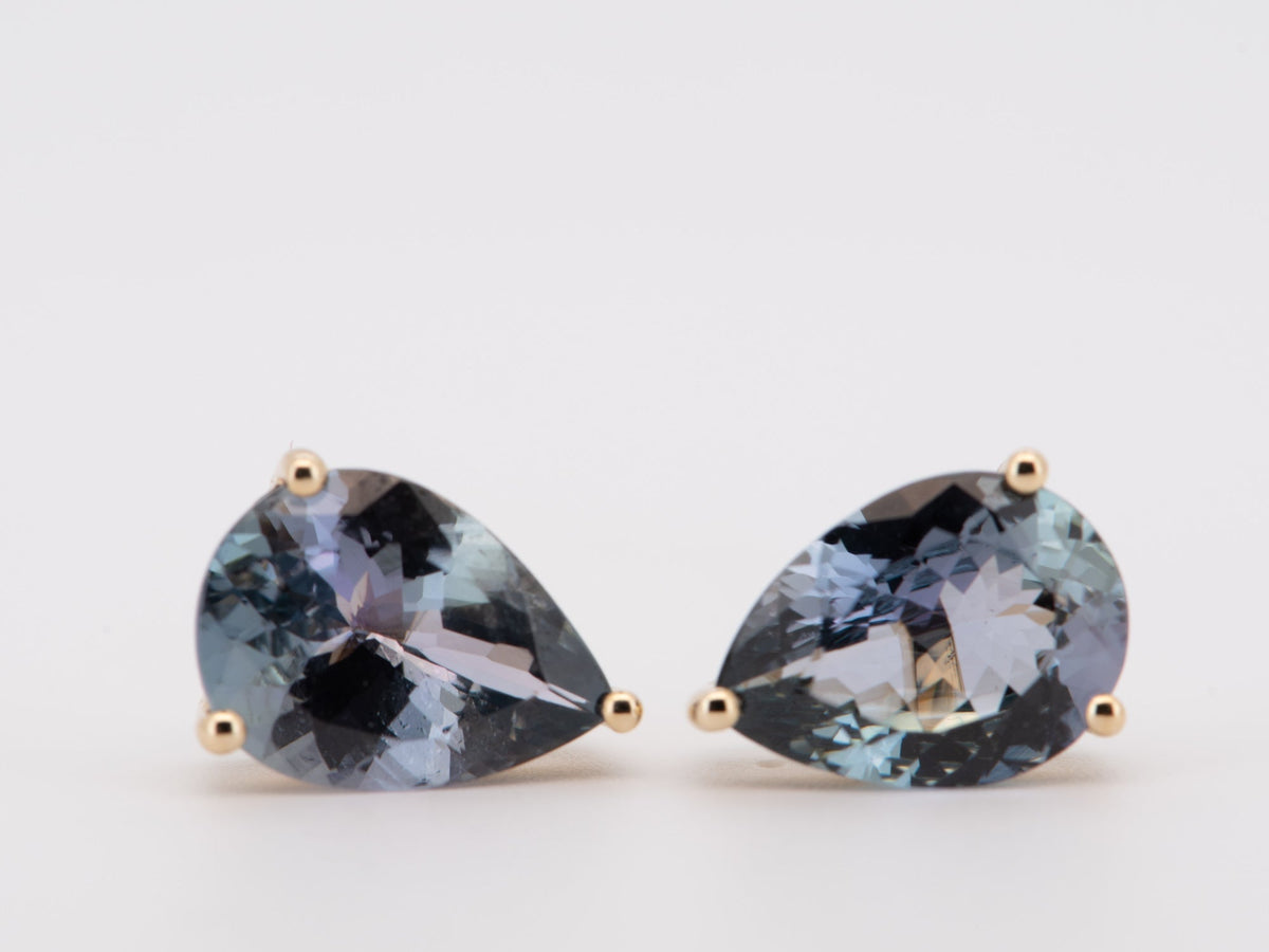 7.59ctw Emerald and Natural Tanzanite Drop Earrings 14K Gold R3237 Aurora Designer